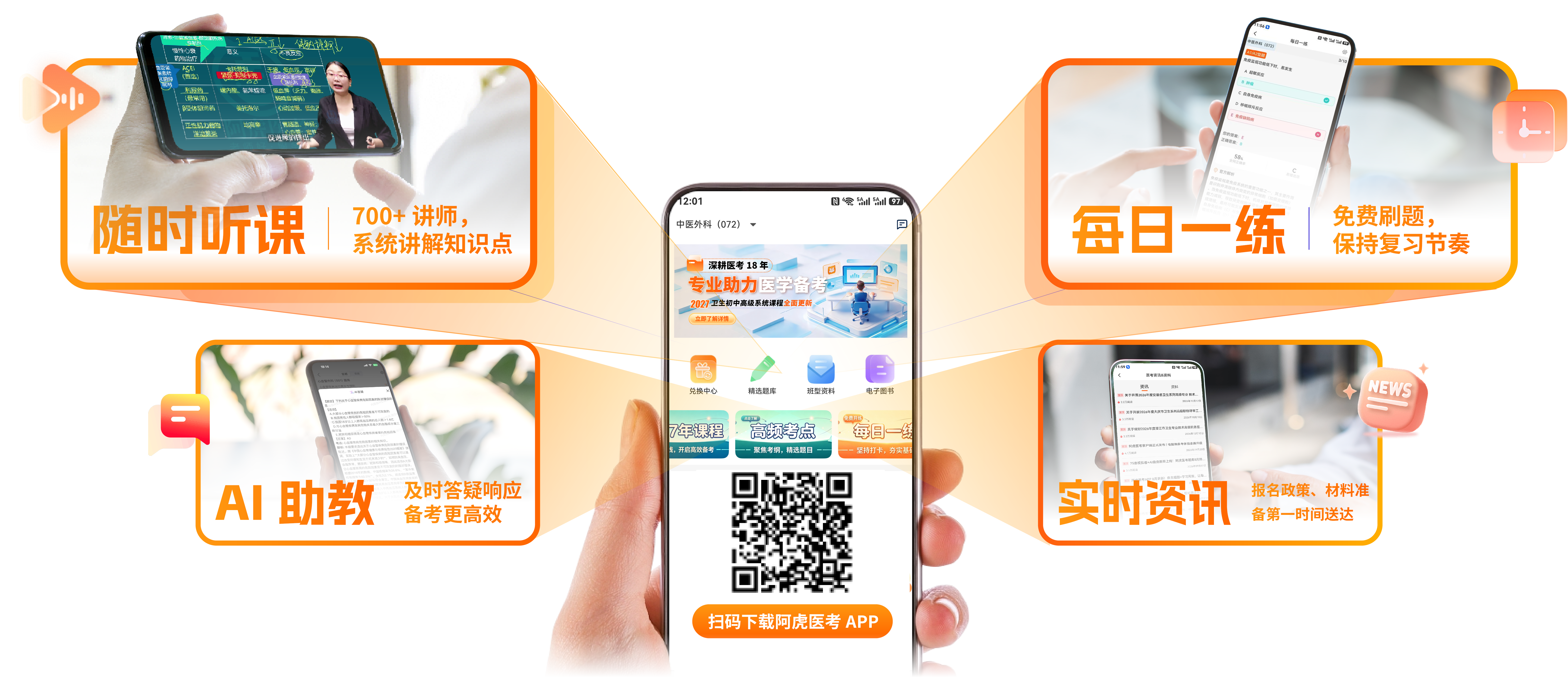 阿虎医考APP:随时听课、每日一练、AI助教、实时资讯;扫描图中二维码下载APP